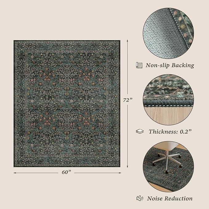 JTJ Washable Vintage Floral Office Chair Mat - Image 2