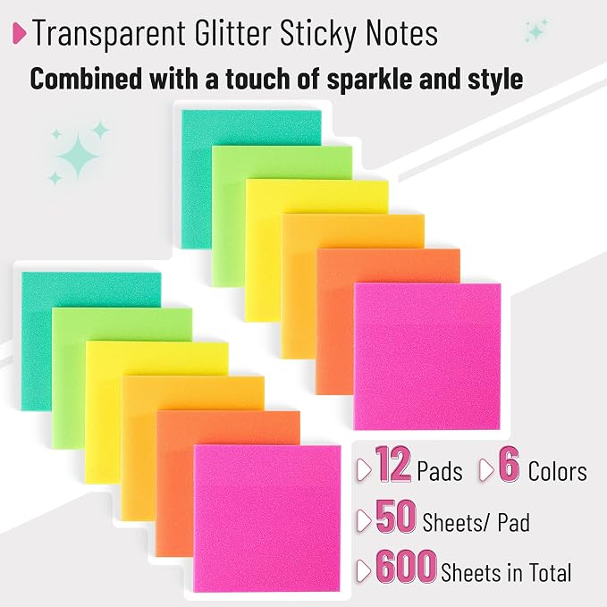 Mr. Pen- Transparent Glitter Sticky Notes, 12 Pads, 600 Sheets | Glitter - Image 2