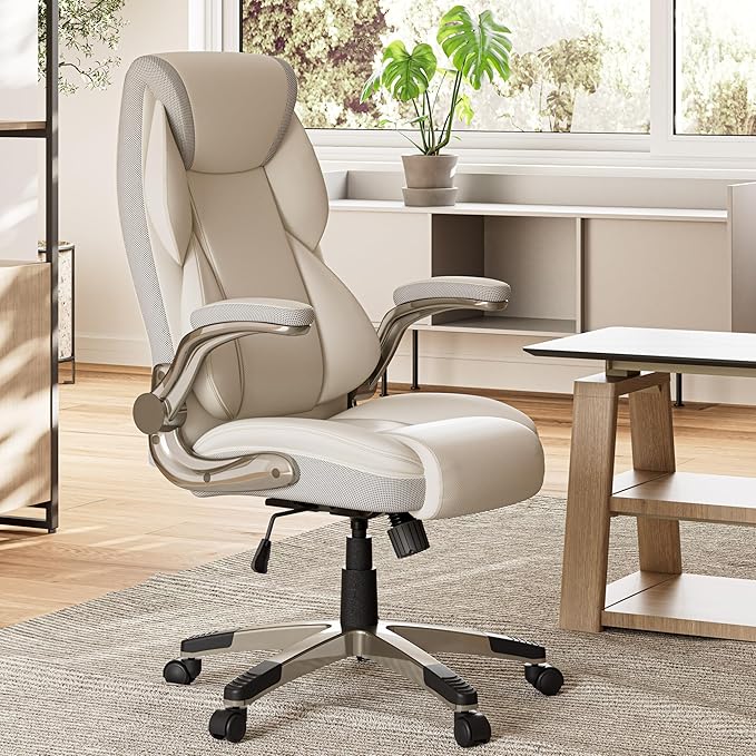 EUREKA ERGONOMIC Executive Office Chair Flip Up Arm Rest, Ergonomic Desk Chair Faux Leather Computer Chair, High Back Office Chair with Headrest, Home Office Desk Chairs with Wheels, Beige-DeskLoop Office