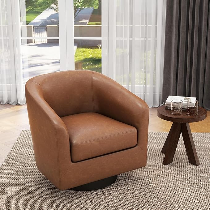 UIXE Faux Leather Swivel Accent Chair with Wood Base, Modern Upholstered Barrel Chairs for Living Room, Comfy Round Armchair Single Sofa Bedroom Reading Seat - 31" W, Brown-DeskLoop Office