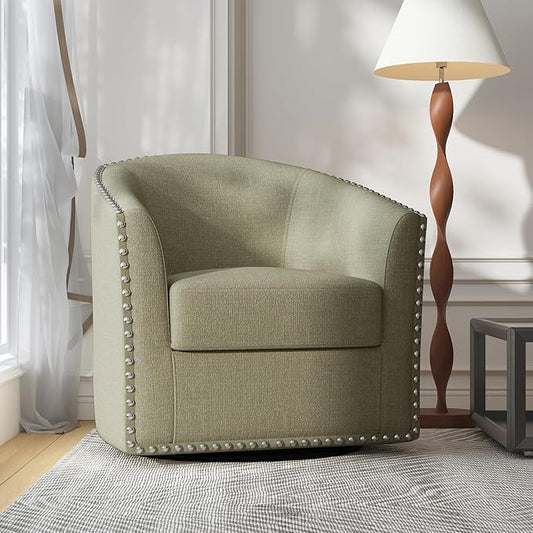 UIXE 360° Swivel Barrel Accent Chair, Modern Upholstered Arm Chair Round Club Armchair, Nailhead Trim Single Sofa Seating in Fabric for Living Room - Light Camel-DeskLoop Office
