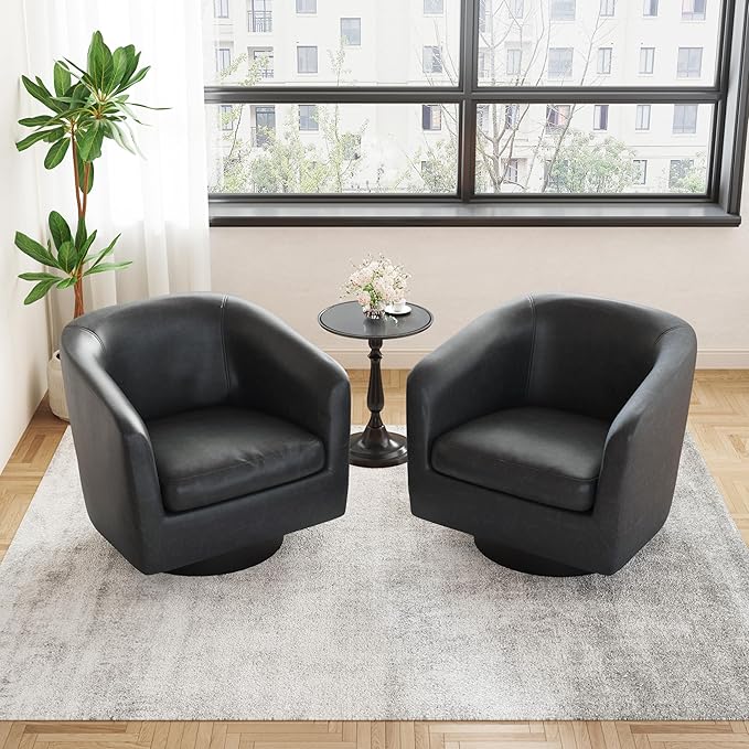 UIXE Faux Leather Swivel Accent Chairs Set of 2, Modern Upholstered Barrel Chairs for Living Room, Comfy Round Armchair Single Sofa Bedroom Reading Seat - 31" W, Black-DeskLoop Office