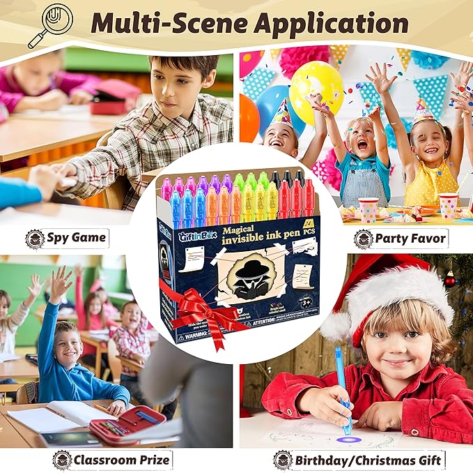 GIFTINBOX Invisible Ink Pens with UV light for Kids, Spy Pen Party Favors for Kids 8-12, 24Pack Invisible Ink Pen and Notebook, Magic Marker for Secret Message Birthday Party Favors for Kid 4-8-DeskLoop Office