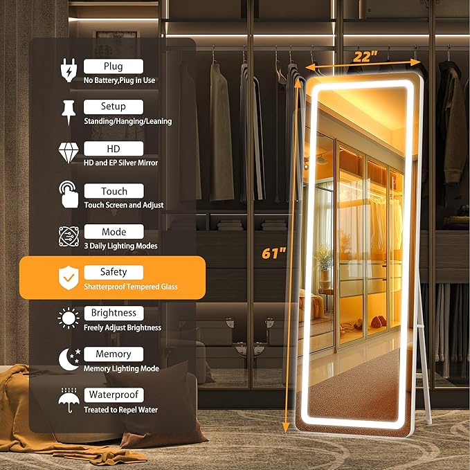Hasipu Full Length Mirror with Lights, 61" x 22" LED Floor Mirror, Full Body Dressing Standing, Hanging Mounted Mirror for Living Room Bedroom Cloakroom, Round White-DeskLoop Office