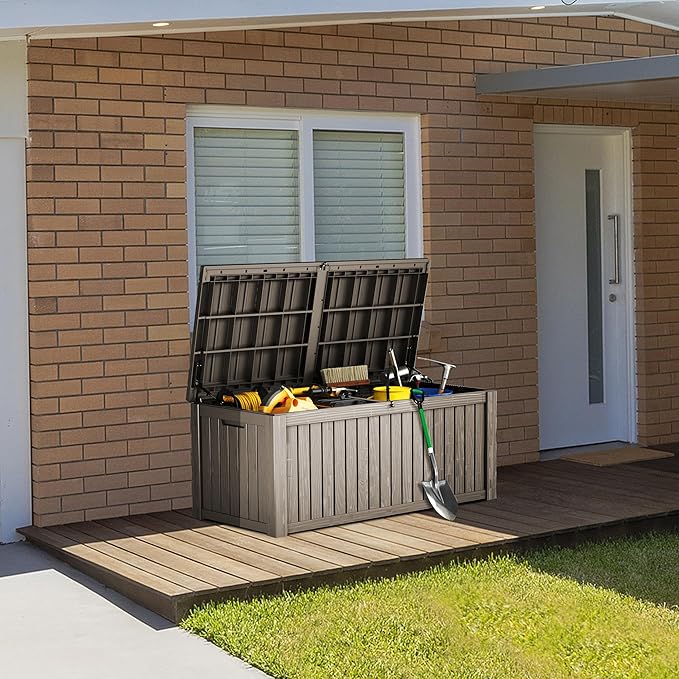 180 Gallon Lockable Resin Deck Box, Waterproof & UV-Resistant Outdoor Storage Box for Outdoor Cushion Storage, Garden Tools & Pool Accessories Storage, Gray-DeskLoop Office