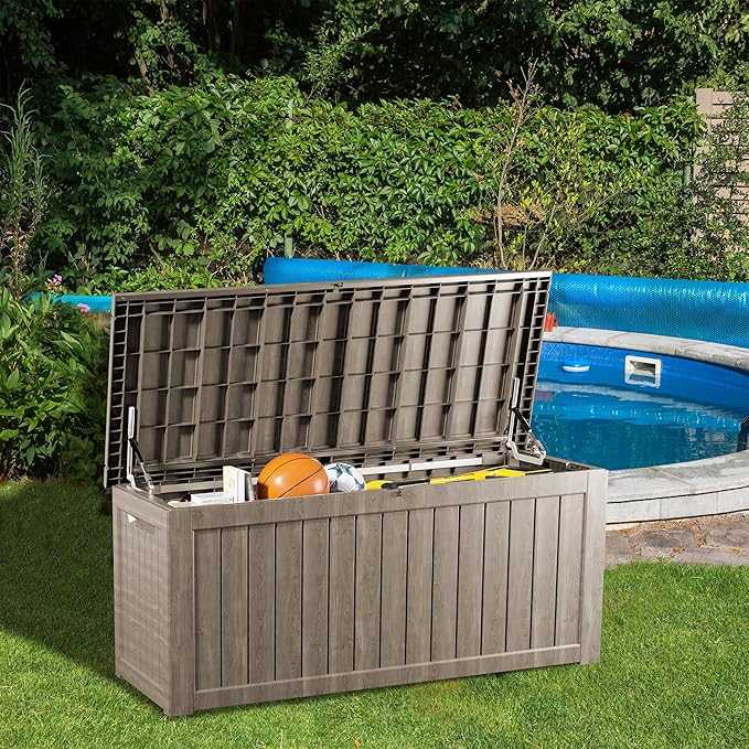 200 Gallon Lockable Resin Deck Box, Waterproof & UV-Resistant Outdoor Storage Box for Outdoor Cushion Storage, Garden Tools & Pool Accessories Storage, Gray-DeskLoop Office