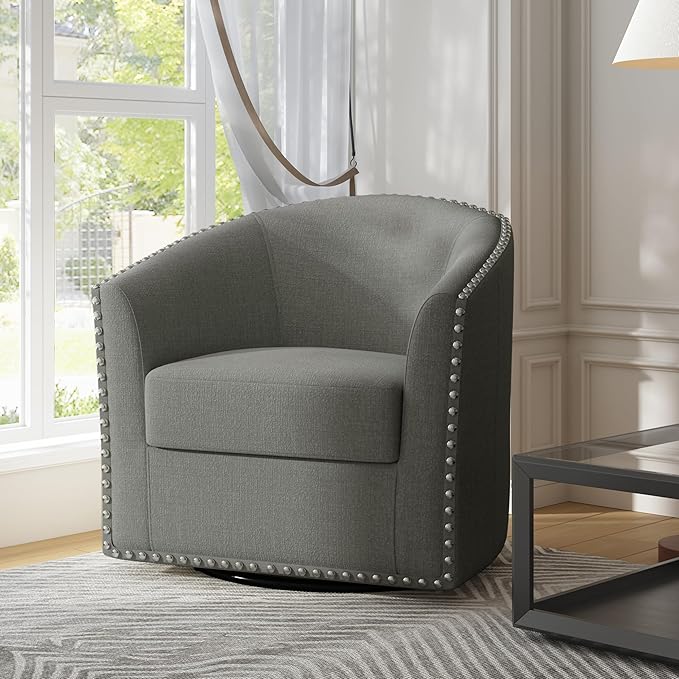 UIXE 360° Swivel Barrel Accent Chair, Modern Upholstered Arm Chair Round Club Armchair, Nailhead Trim Single Sofa Seating in Fabric for Living Room - Light Gray-DeskLoop Office