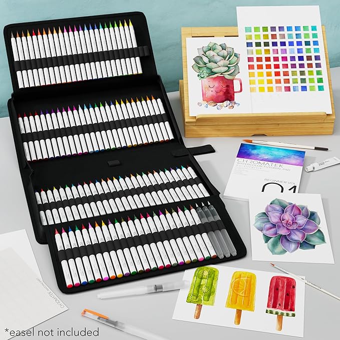 CHROMATEK 108 Watercolor Pens Set | Including 15 Page Pad & Online Video Tutorial Series | 5 Aquapens & 100 Unique Colors | Real Brush Pens | Easily Blendable, Vivid and Smooth-DeskLoop Office