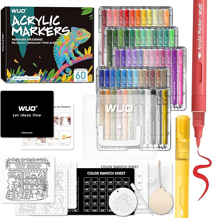 WUO 60 Colors Acrylic Paint Markers (2 Metallic), Automatic Ink Control Brush Tip for Multi-Surface, Water-Based No-Bleed Markers Acrylic Paint Pens for Rock Painting, Wood, Canvas, Glass, DIY Crafts-DeskLoop Office