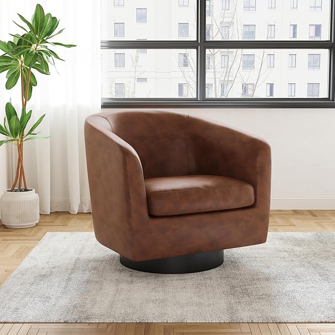 UIXE Faux Leather Swivel Accent Chair with Wood Base, Modern Upholstered Barrel Chairs for Living Room, Comfy Round Armchair Single Sofa Bedroom Reading Seat - 31" W, Coffee-DeskLoop Office