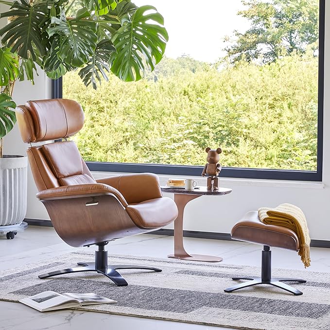 CHITA Genuine Leather Reclining Swivel Chair with Adjustable Headrest and Ottoman for Living Room, Saddle-DeskLoop Office