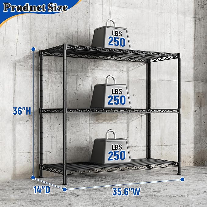 3- Shelf Metal Shelving Unit 35.6Wx14Dx36H, Adjustable Storage Shelves Heavy - Image 3
