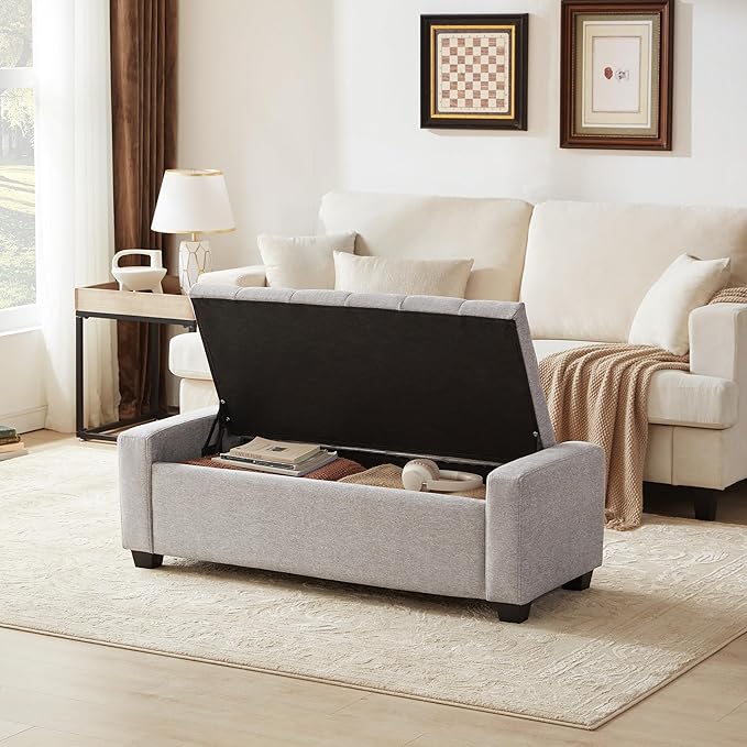 48" Ottoman with Storage, Storage Ottoman Bench with Safety Hinge, Upholstered Entryway Bench with Seating for Bedroom, Living Room, Holds up to 330 lb(Light Gray)-DeskLoop Office