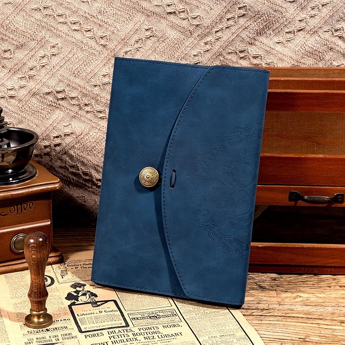 Vintage Leather Journal for Women Men, Junk Journal Notebook Soft Cover, Book of Shadows Journals for Travel Diary Scrapbook Sketchbook Journaling Writing, Blue-DeskLoop Office
