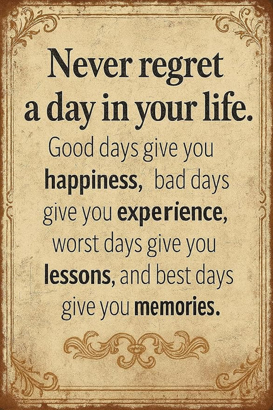 Vintage Inspirational Quote Metal Sign – Never Regret a Day in Your Life by SKYOCEAN