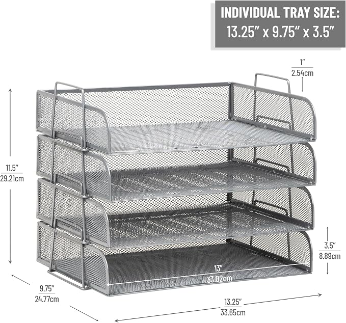 Mind Reader Stackable Paper Tray, Desktop Organizer, File Storage, Metal Mesh - Image 3
