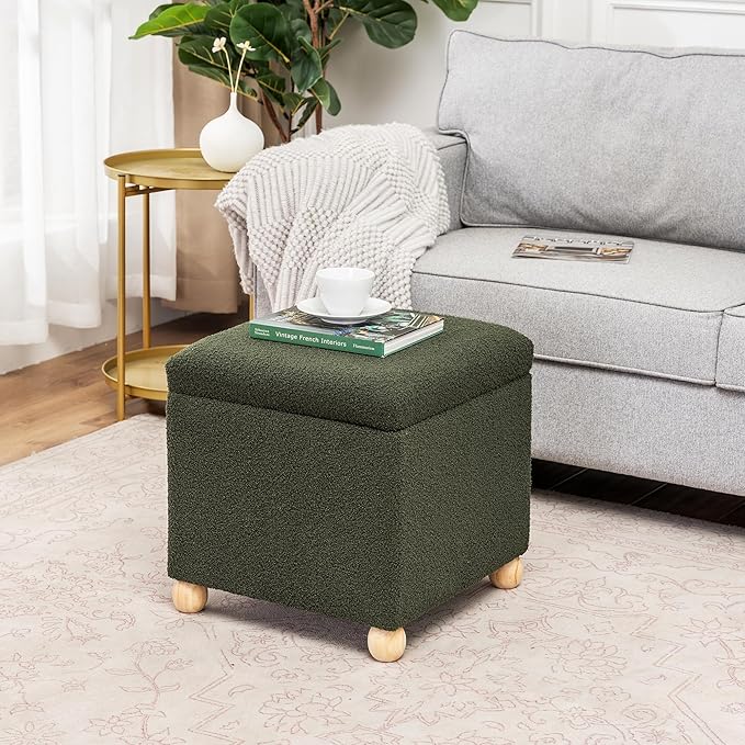 Adeco 17 Inch Soft Dark Green Cube Ottoman Storage, Teddy Velvet Chair Foot Stools, Upholstered Vanity Stool with Hinged Lid, Solid Round Wood Legs-DeskLoop Office