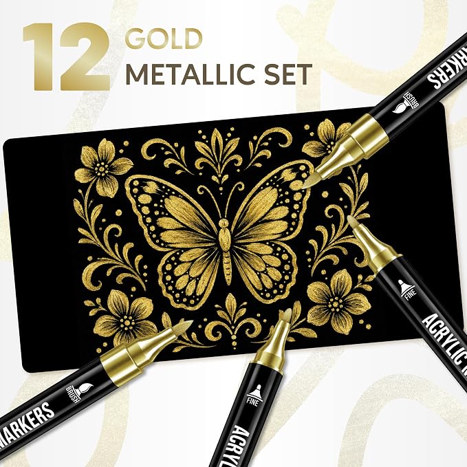 Pagather Gold Acrylic Paint Markers, 12 Pack Dual Tip - Image 3