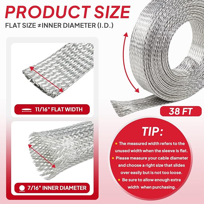 11/16" Wide Tinned Copper Braided Metal Wire Shielding Sleeve Ground Strap - Image 2