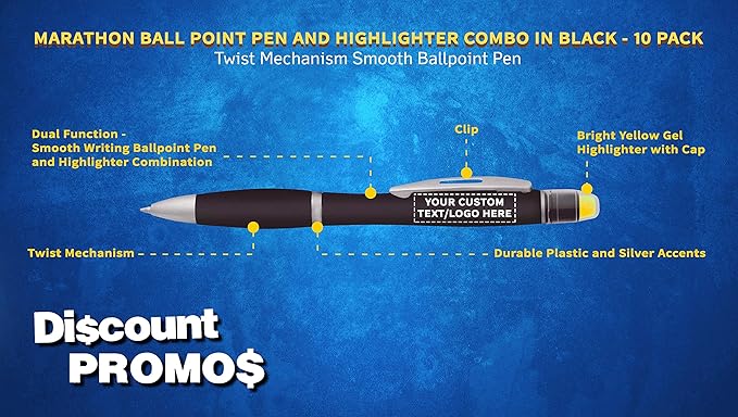 DISCOUNT PROMOS 10 Marathon Gel Highlighter Pens Pack - Customizable Text, Logo - Twist Mechanism, Ballpoint - Black