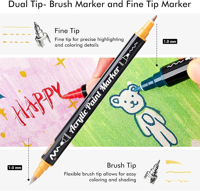 28 Metallic Colors Dual Tip Acrylic Paint Markers, Brush Tip and Fine Tip Acrylic Paint Pens for Rock Painting, Ceramic, Wood, Canvas, Plastic, Glass, Stone, Calligraphy, Card Making, DIY Crafts-DeskLoop Office