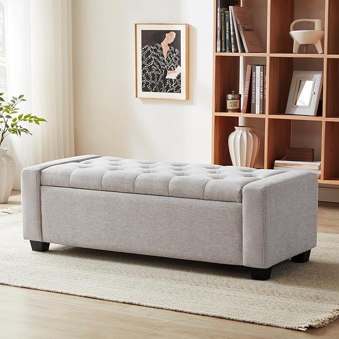 48" Ottoman with Storage, Storage Ottoman Bench with Safety Hinge, Upholstered Entryway Bench with Seating for Bedroom, Living Room, Holds up to 330 lb(Light Gray)-DeskLoop Office