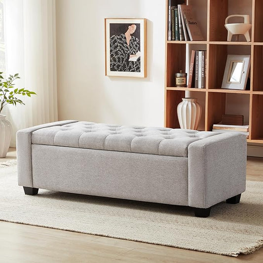 48" Ottoman with Storage, Storage Ottoman Bench with Safety Hinge, Upholstered Entryway Bench with Seating for Bedroom, Living Room, Holds up to 330 lb(Light Gray)-DeskLoop Office