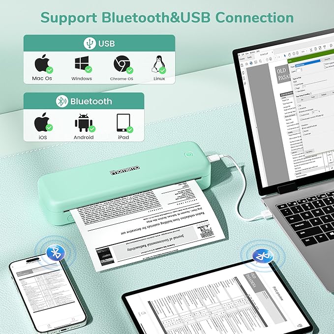 Phomemo Portable Printers Wireless for Travel,M834 Bluetooth Thermal Printer 8.5" x 11"& A4 Size,Inkless Mobile Printer with Carry Case for Travel,Office,School,Car,Home,Green-DeskLoop Office