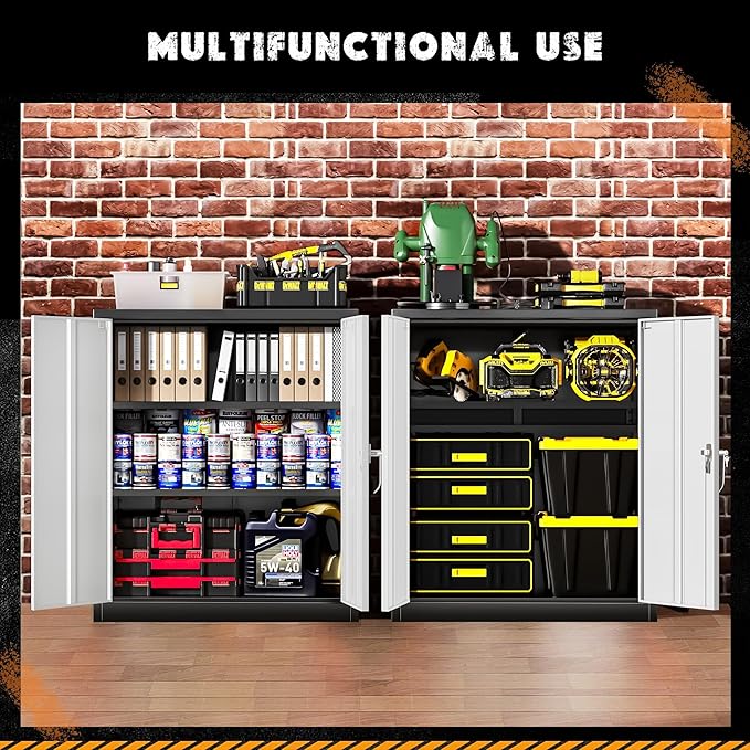 Greenvelly Metal Garage Storage Cabinet, Lockable Metal Cabinets with 2 Doors and Shelves,36” Steel Storage Locking Counter Cabinet for Office,Garage,Kitchen,Home,School(Black Grey)-DeskLoop Office