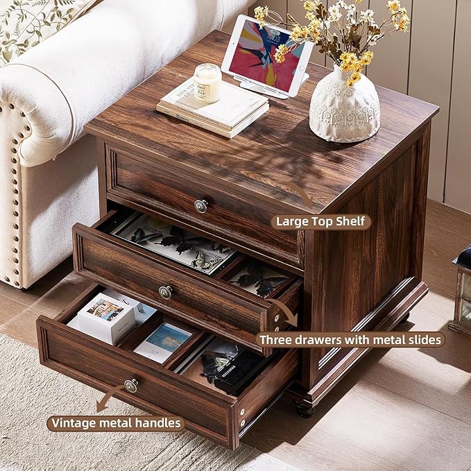 24" Wide Farmhouse Night Stand,Large End Table with 3 Drawers & Metal Handle,Wood Dresser for Bedroom Cabinet, Bed Side Table Chest of Drawers,Brown Nightstand for Living Room,Close-DeskLoop Office