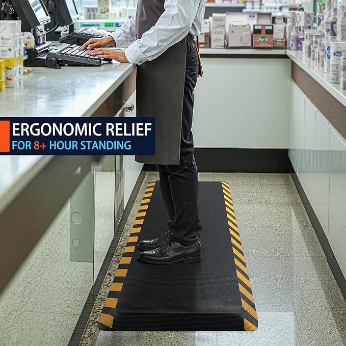 FEATOL Anti Fatigue Mat Industrial, Ergonomic Standing Floor Mat for Work for Stand, Black with Yellow Border Safety 20" x 32"-Support for Leg & Back Pain-DeskLoop Office