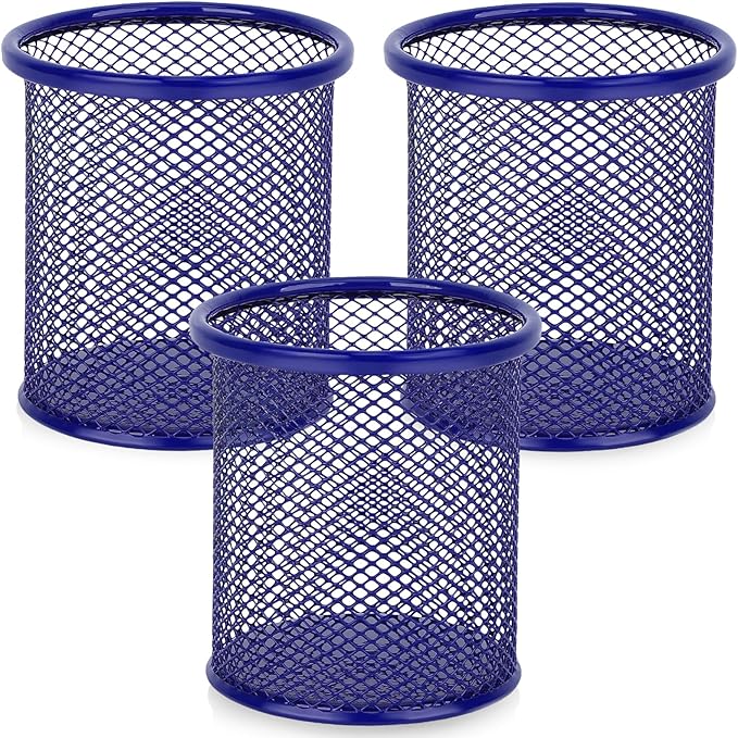 Segarty Pen Cup, 3 Pack Round Cute Dark Blue Pen Holder for Desk, Wire Mesh Pencil Holder Container Set, Desktop Organizer for Office Supplies, Maker, School, Home Storage, Makeup Brush-DeskLoop Office