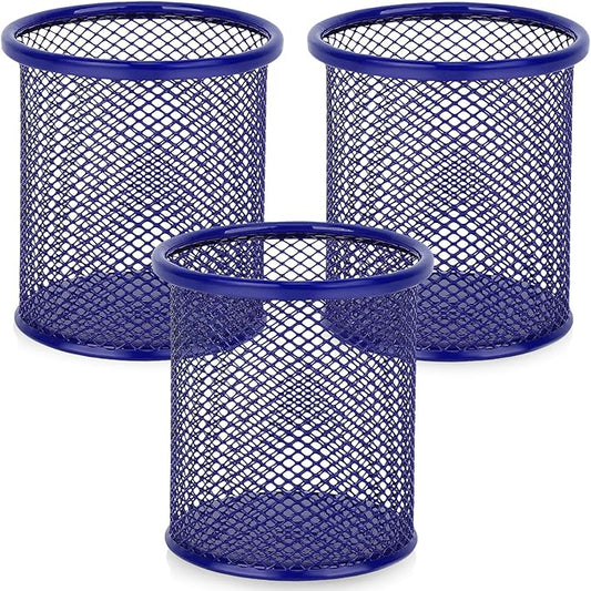 Segarty Pen Cup, 3 Pack Round Cute Dark Blue Pen Holder for Desk, Wire Mesh Pencil Holder Container Set, Desktop Organizer for Office Supplies, Maker, School, Home Storage, Makeup Brush-DeskLoop Office