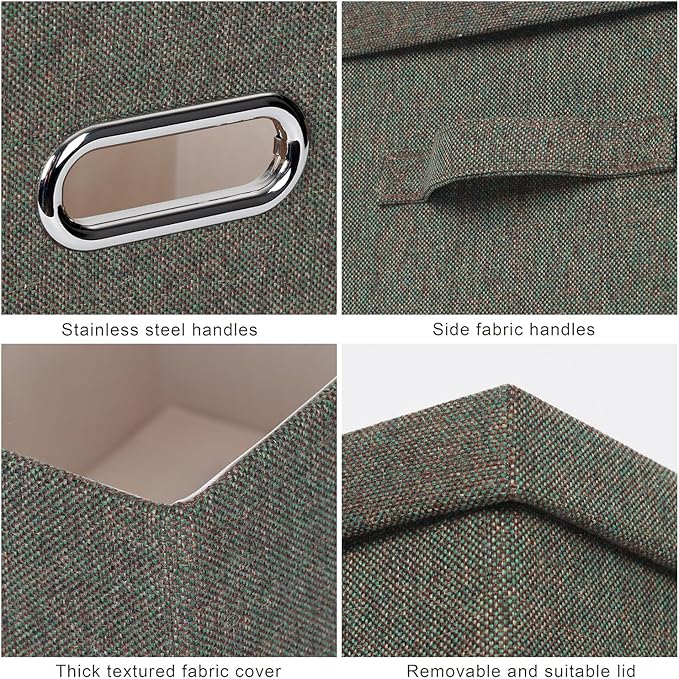 Large 17" 36 Quart Collapsible Stackable Storage Bins with Lids, 3 Packs Dark green Foldable Fabric Closet Storage Boxes with Lids, Heavy-duty Linen Cube Baskets(17x12x11)-DeskLoop Office