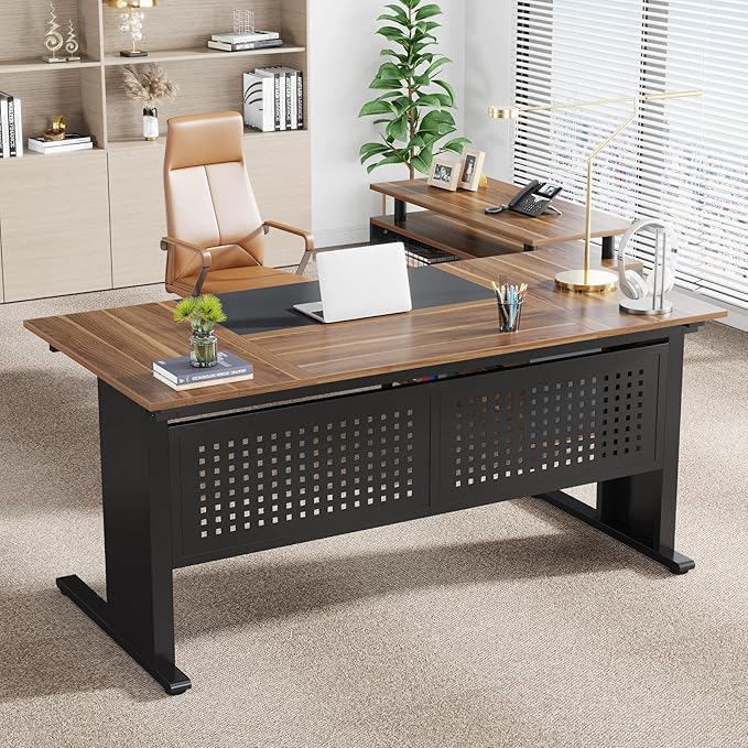 Tribesigns 63 Inch Executive Desk with File Cabinet, Large Office Desk L Shaped Computer Desk with Drawers and Storage Shelves, Business Furniture Desk Workstation for Home Office, Brown and Black-DeskLoop Office