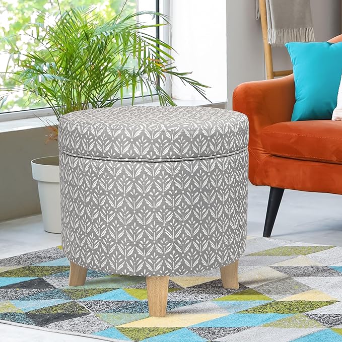 HomePop Upholstered Round Storage Ottoman|Homepop Home Décor|Upholstered Round Foot Rest Ottoman - Light Grey Print-DeskLoop Office