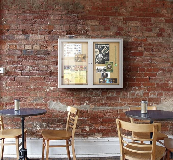 Ghent 36"x60" 2-Door indoor Enclosed Bulletin Board , Shatter Resistant, with Lock, Satin Aluminum Frame - Natural Cork (PA23660K) Made in the USA-DeskLoop Office