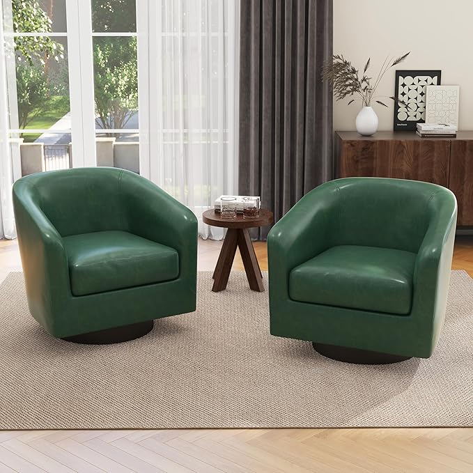 UIXE Faux Leather Swivel Accent Chairs Set of 2, Modern Upholstered Barrel Chairs for Living Room, Comfy Round Armchair Single Sofa Bedroom Reading Seat - 31" W, Green-DeskLoop Office