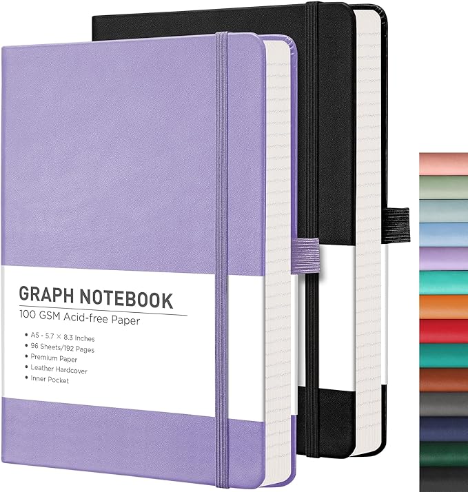 RETTACY Graph Grid Paper Notebook, 2-Pack, 192 Pages per Pack, A5 Medium Size (5.7'' x 8.3''), Leather Hardcover, 100 GSM Thick Paper, for School, Students, Math, Engineering (Black & Purple)-DeskLoop Office
