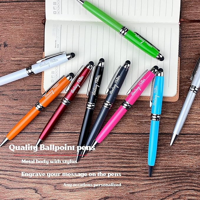 Ancolo Custom Personal Pens with Stylus Tip - Beautiful Smooth Writing Set Black ink refill - Engraved with Your Name or Slogan Perfect for Women/Lady/Girl/Teacher/Manager/10 Pens/Box