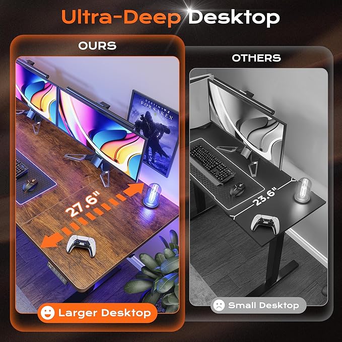 Huuger 63 x 28 Large Electric Standing Desk, Height Adjustable Computer Desk, 27.6" Deep Desktop, Stand up Gaming Office Table with 2 Hooks, 3 Preset Heights, for Home Office, Rustic Brown-DeskLoop Office
