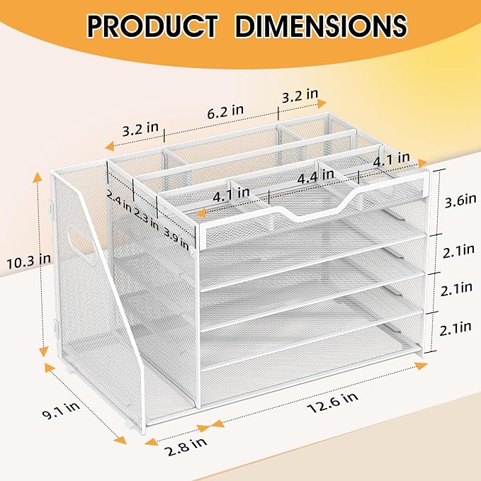 5 Tier Paper Letter Tray with File Holder and 3 Drop-in Pen Holders, Mesh Desk - Image 2