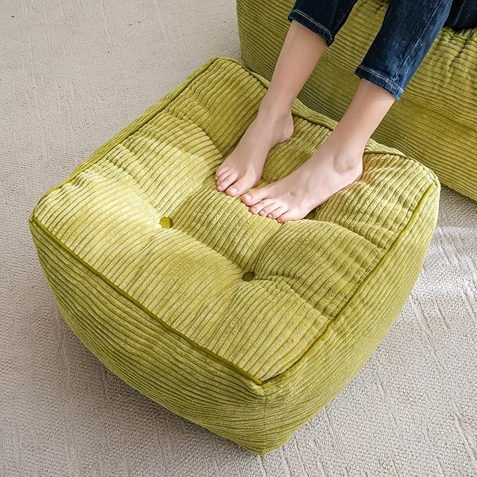 HIGOGOGO Square Stuffed Pouf Ottoman, Corduroy Poufs with Foam Chunk Filling, Furry and Fluffy Pouf Foot Stool Storage Ottoman, 25.6 X 25.6 Floor Poufs Foot Rest for Living Room, Green-DeskLoop Office