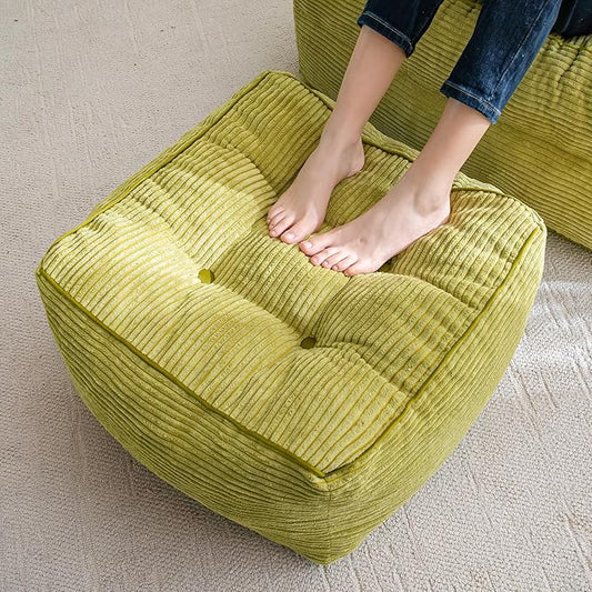 HIGOGOGO Square Stuffed Pouf Ottoman, Corduroy Poufs with Foam Chunk Filling, Furry and Fluffy Pouf Foot Stool Storage Ottoman, 25.6 X 25.6 Floor Poufs Foot Rest for Living Room, Green-DeskLoop Office
