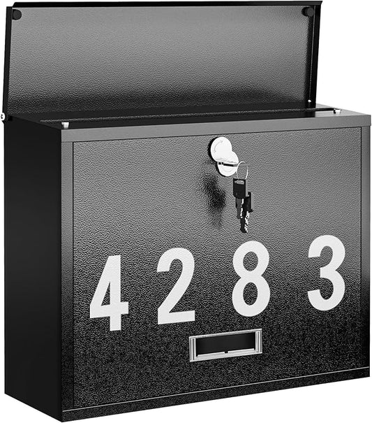 LAND·VOI Locking Wall-Mount Mailbox for Outside, with 4 Keys, Galvanized Steel Rustproof Metal Postbox, 4" Dx13.8 Wx11.2 H, Includes 3 Sets of Mailbox Numbers, Nameplate, Black, AMB33B-DeskLoop Office