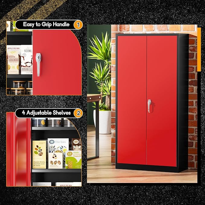 Greenvelly Metal Garage Storage Cabinet with Lock, 72" Metal Storage Cabinet with 2Doors and 4Adjustable Shelves, for Home Office, School,Gym (Black&Red)-DeskLoop Office