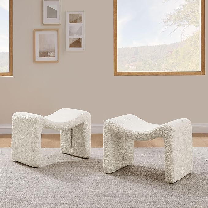 Modern Boucle Ottoman, Vanity Stool Chair, Foot Stool with Wooden Legs Sofa Bench Footstool Extra Seat for Vanity, Makeup Room, Living Room, Entryway, Set 2, White-DeskLoop Office