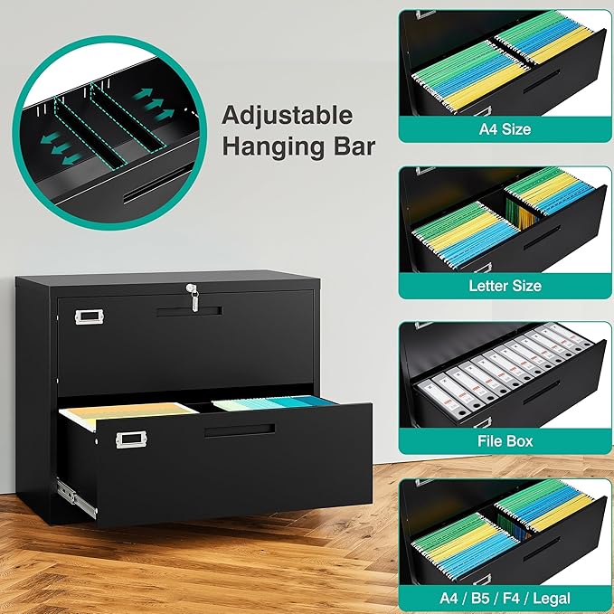 SISESOL 2 Drawer Lateral File Cabinet with Lock,Black Lateral Filing Cabinet,Horizontal Metal Filing Cabinets,Locked Wide Two Drawer File Cabinets for Office Home,Fit A4/F4/Letter/Legal File
