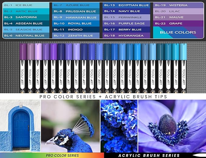 22 Flexible Brush Tip Acrylic Paint Pens Markers Set 1-7mm Line for Rock Painting, Brush Lettering, Glass, Mugs, Wood, Metal, Canvas, Fabric, Plastic. Non Toxic Waterbased Quick Drying Assorted Blue-DeskLoop Office
