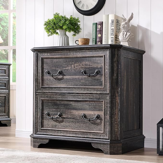 T4TREAM 2 Drawer File Cabinet-30 Wide Wooden Extended Desktop, Farmhouse Filing Cabinet with Smooth Rails, Holds Letter/Legal/A4, Hexagonal Design & Framed Drawer Fronts, Dark Rustic Oak-DeskLoop Office